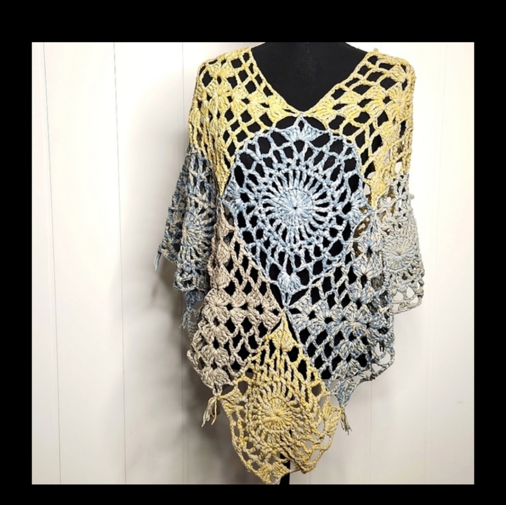 handmade blue yellow boho Chic festival crochet hippie poncho Sweater Fringe